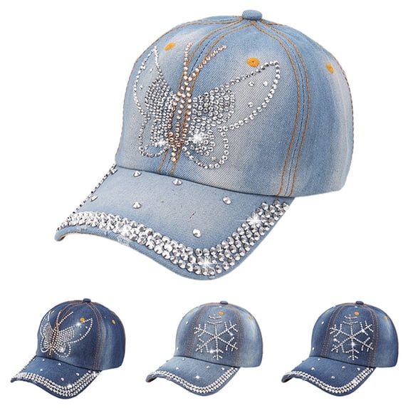 Mens Womens Rhinestone Washed Denim Baseball Cap Sparkly Party Curved Brim Hat Sun Protection Adjustable Cap Blue