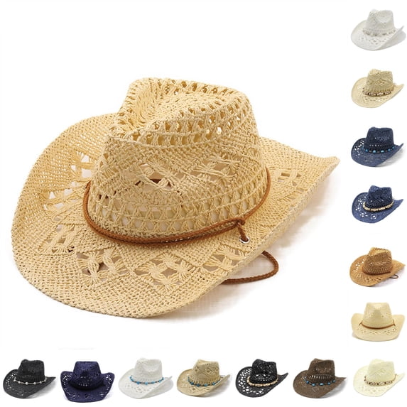 Mens Womens Shapeable Straw Cowboy Hat Hollowed Out Breathable Summer Beach Sun Hat with Chin Strap