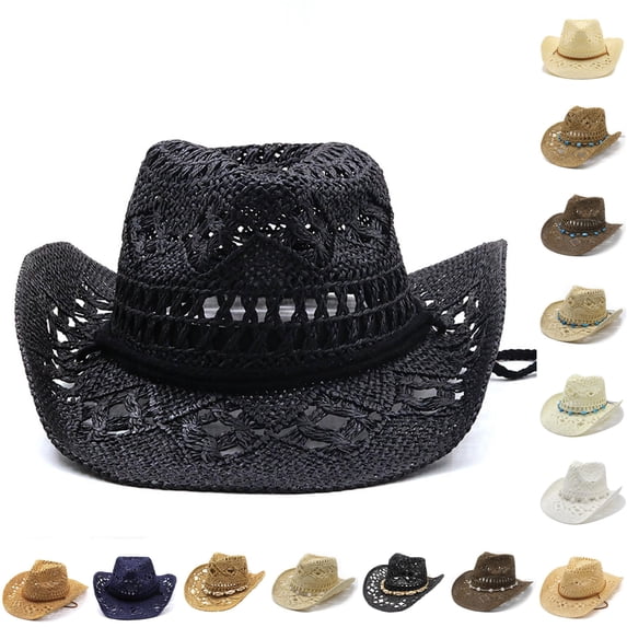 Mens Womens Shapeable Straw Cowboy Hat Hollowed Out Breathable Summer Beach Sun Hat with Chin Strap