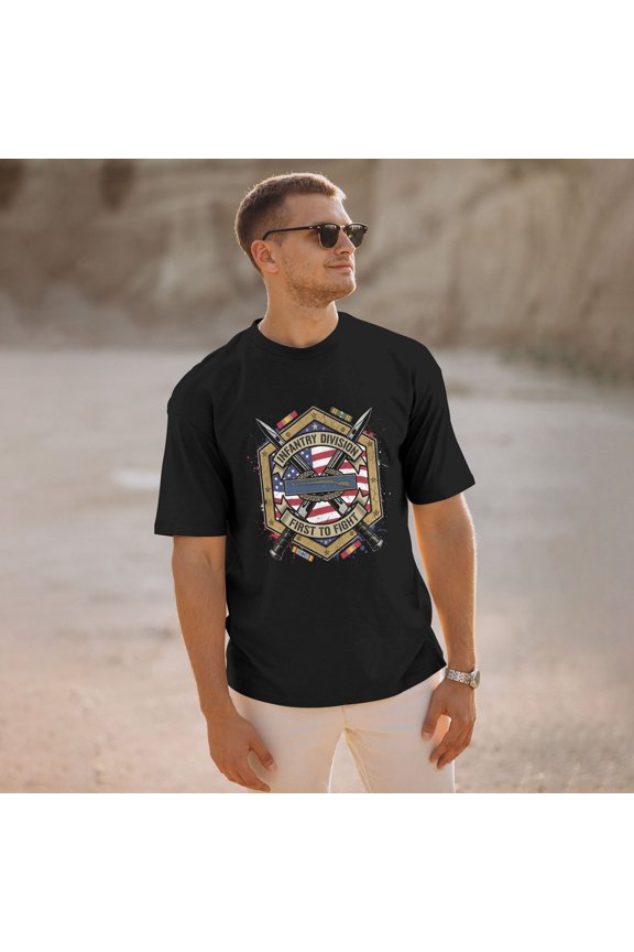 Mens Womens Short Sleeve Crew T-Shirt Infantry Division First To Fight Guts Novelty Top Tee