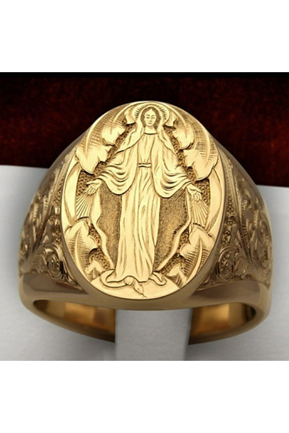 Mens Womens Silver Ring 18K Gold Plated Engraved Signet Ring Virgin Mary Bible Verse Prayer Rings Christian High Polished Stackable Plate Knuckle of Religious Gifts Jewelry Size 9