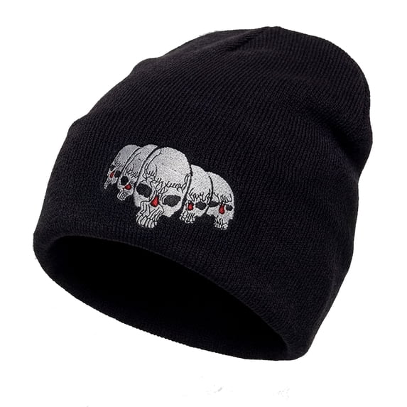 Skull Beanie Short Knit Cuffless Winter Hat with Embroidered Skulls Design for Men and Women, Black Skulls