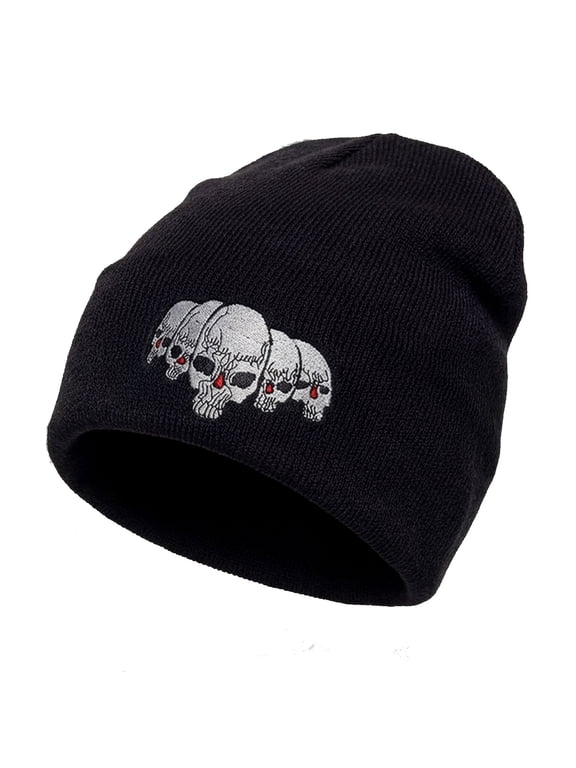 Skull Beanie Short Knit Cuffless Winter Hat with Embroidered Skulls Design for Men and Women, Black Skulls