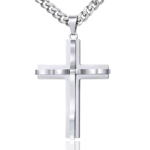 Mens Womens Stainless Steel Curb Chain Necklace w Cross Pendant Silver Gold