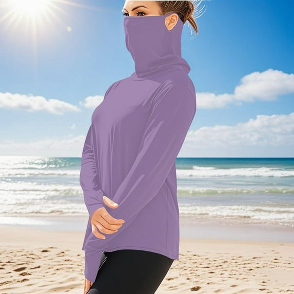 Mens Womens Sun Protection Shirts S-5X Big & Tall Plus Size Long Sleeve UV T-Shirts with High Neck Mask Lightweight Solid Cooling Tops Summer
