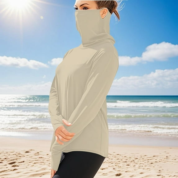 Mens Womens Sun Protection Shirts S-5X Big & Tall Plus Size Long Sleeve UV T-Shirts with High Neck Mask Lightweight Solid Cooling Tops Summer