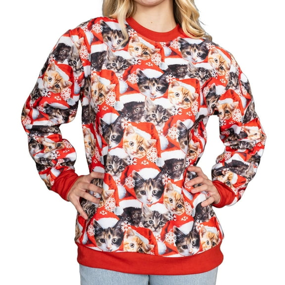 Mens Womens Ugly Christmas Sweatshirt - Poly Knit Long Sleeve Pullover with Cats All Over Graphic - Adult Unisex Standard Fit