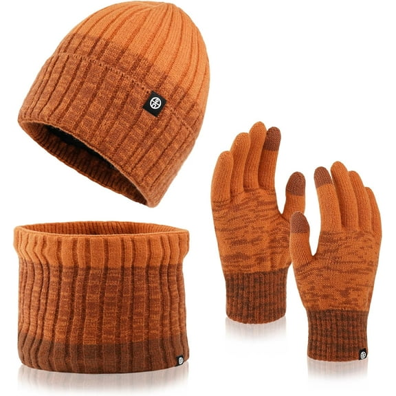 Mens Womens Winter Beanie Hat Scarf Gloves Set, Touchscreen Gloves Neck Warmer Scarf Fleece Lined Knit Skull Caps Winter Gift