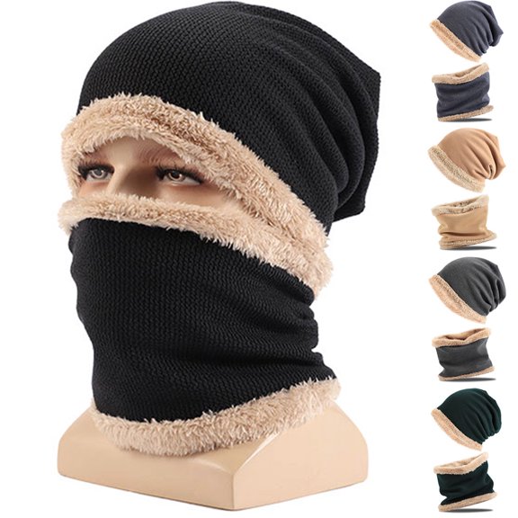 Mens Womens Winter Beanie Hat Scarf Set Warm Knit Hat Thick Fleece Lined Skull Cap Neck Warmer for Men Women