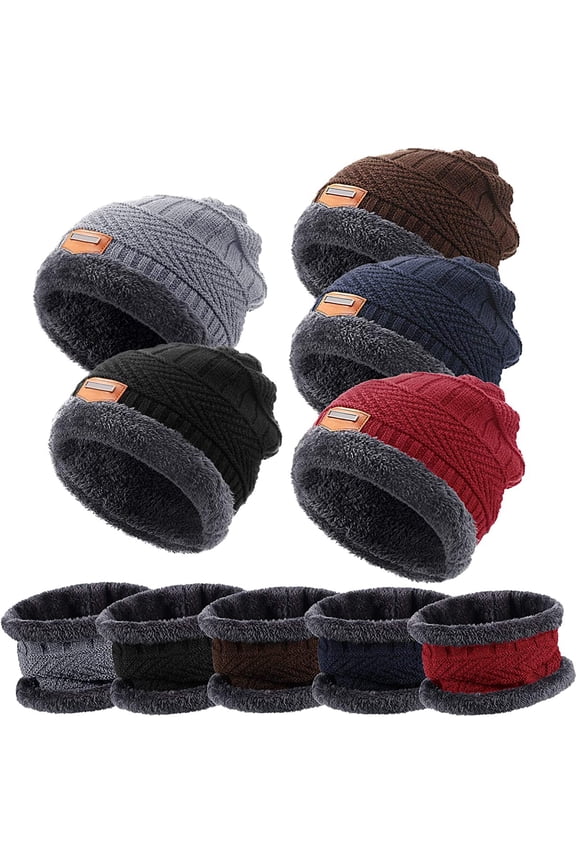 Mens Womens Winter Beanie Hat Scarf Set Warm Knit Hat Thick Fleece Lined Winter Cap Neck Warmer