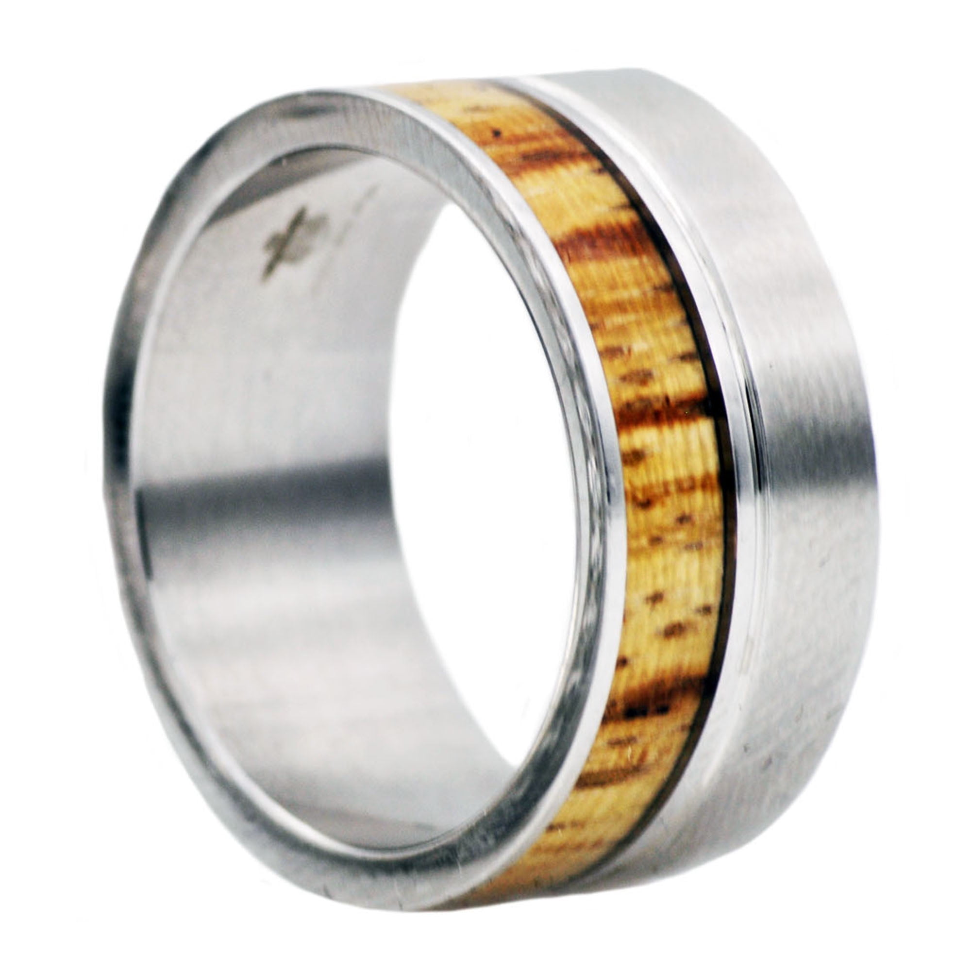 Mens Wood Inlayed Stainless Steel Ring.