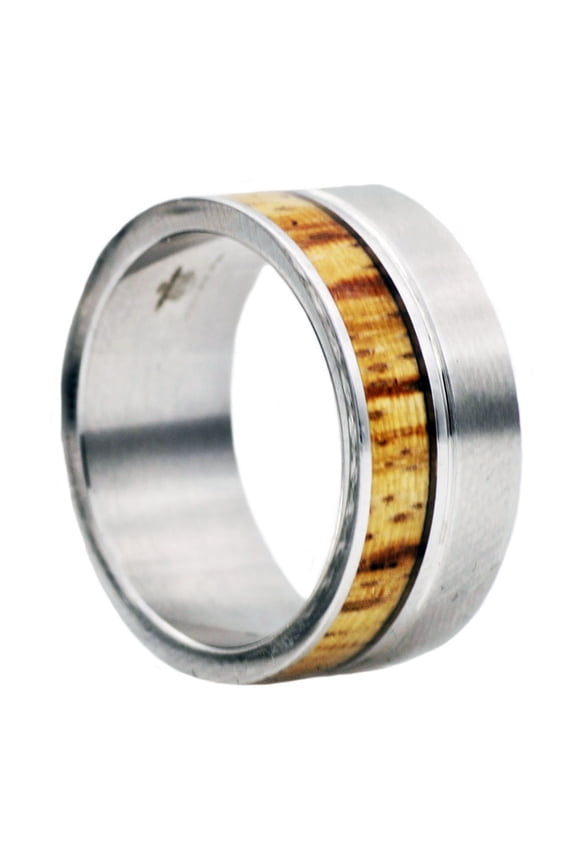 Mens Wood Inlayed Stainless Steel Ring.