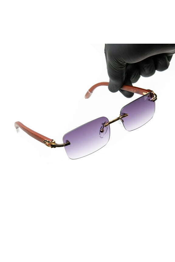 Mens Woodgrain Gold Frame Purple Gradient Tint Hip Hop Rimless Sunglasses