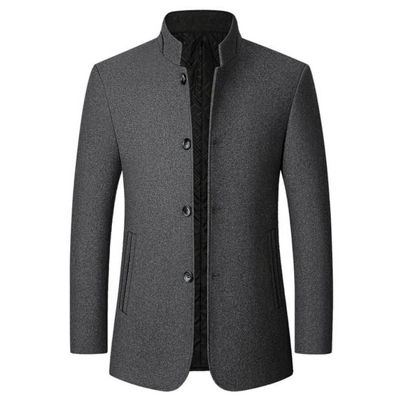 Mens Wool Blend Blazer Jacket Single Breasted Business Blazer Jackets Vintage Stand Collar Coat Wih Pockets