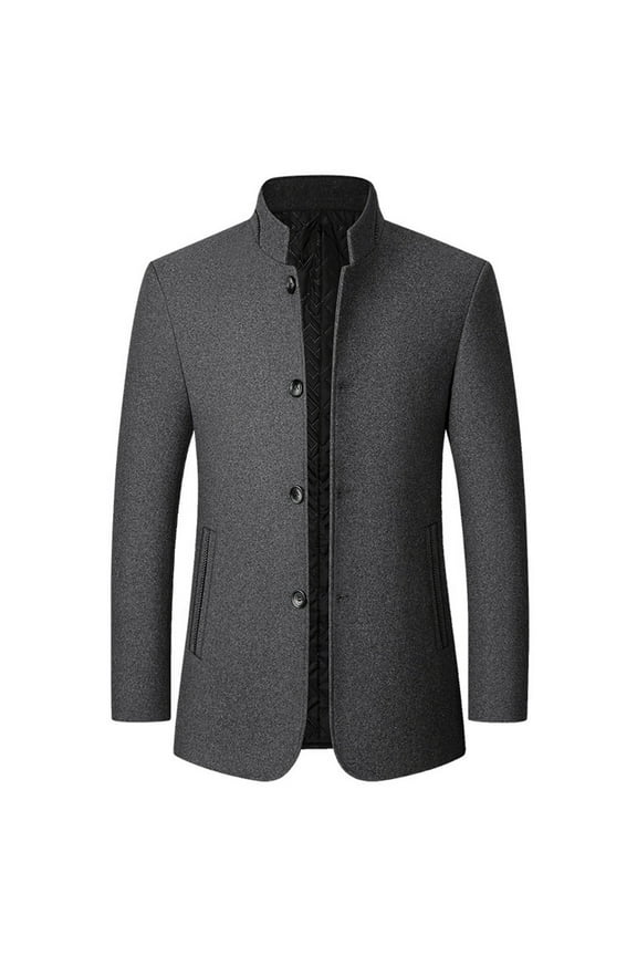 Mens Wool Blend Blazer Jacket Single Breasted Spring Business Suit Jackets Band Collar Flannel Peacoat With Pockets