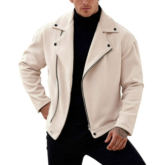 Mens Wool Blend Jacket Biker Motorcycle Jackets Stylish Notch Lapel Asymetrical Zip Up Coat Color: Beige Size: XL