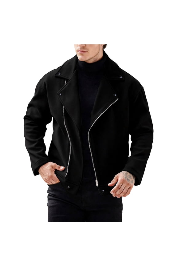 Mens Wool Blend Jacket Biker Motorcycle Jackets Stylish Notch Lapel Asymetrical Zip Up Coat Color: Black Size: XL