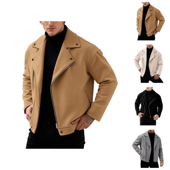 Mens Wool Blend Jacket Fall Winter Long Sleeve Loose Casual Notch Collar Zip Up Jackets Coat Outerwear with Pockets