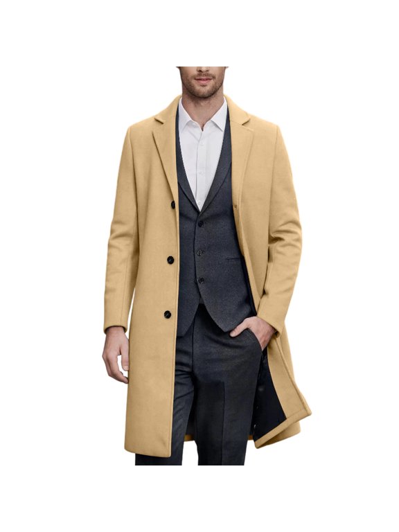 Mens Wool Blend Trench Coat Casual Notched Collar Lapel Long Jacket Regular Fit Trendy Classic Winter Overcoat