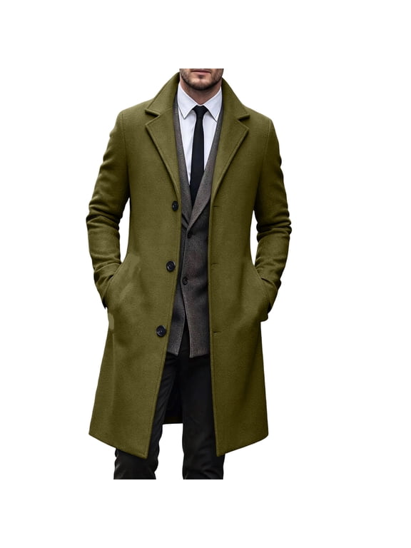 Mens Wool Blend Trench Coat Casual Notched Collar Lapel Long Jacket Slim Fit Trendy Classic Winter Overcoat