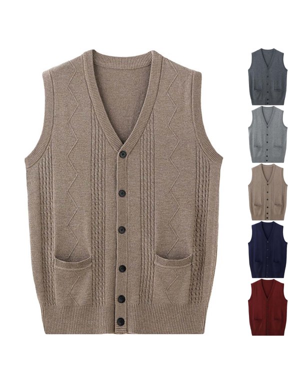 Mens Wool Button Down Sweater Vest V Neck Cable Knitted Cardigan Vest Sleeveless Top with Pockets for Daily Wear Travel Golf Fall Winter, Khaki, M
