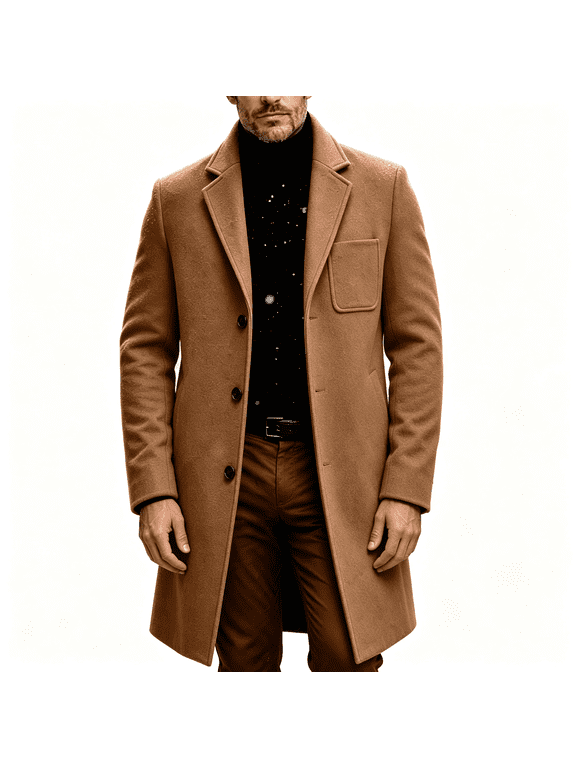 Mens Wool Trench Coats Casual Single Breasted Fall Winter Notched Collar Long Pea Coat Overcoat Brown 2XL