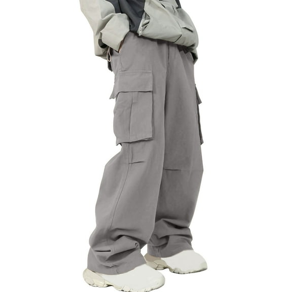 Mens Work Cargo Pants Wide Leg Baggy Pants Multi Pockets Drawstring Casual Barrel Trousers L, Gray