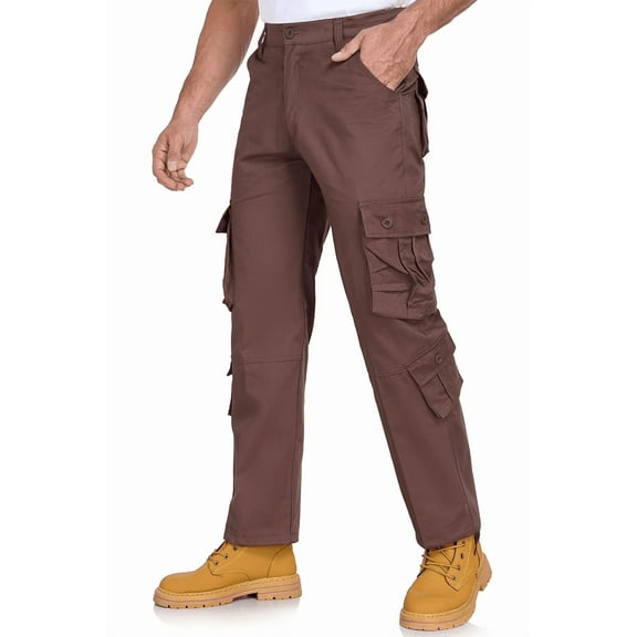 Mens Work Pants Casual Hiking Cargo Relaxed Fit Wear Resisting Pant for Men Coffee Brown 32