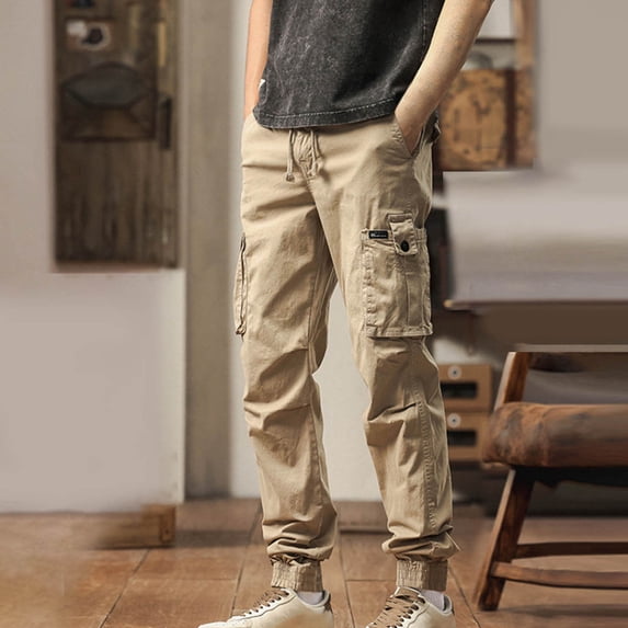 Mens Work Pants Men Fashion Cotton Cargo Pants Elastic Waist Drawstring Trousers Regular Fit Outdoor Jogging Sweatpants with Pocket