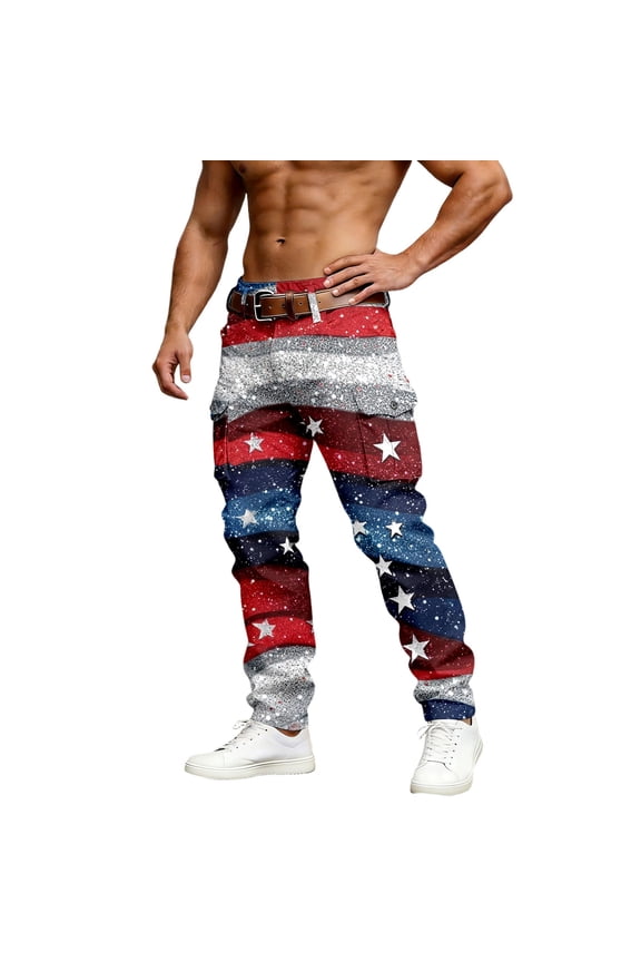 Mens Work Pants Patriotic Print Daily Wear Activities Mens Baggy Jeans,Red,2XL