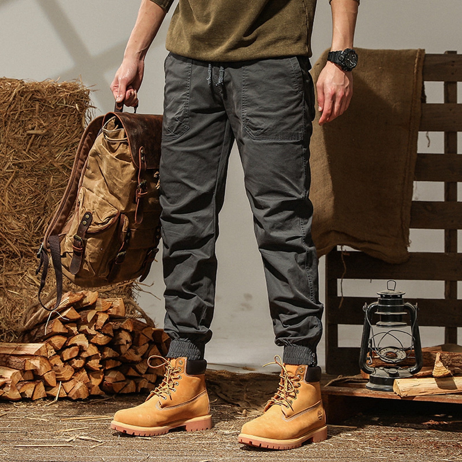 Men's Cargo Pants Straight Leg With Drawstring - Relaxed Fit Work & Hiking Trousers