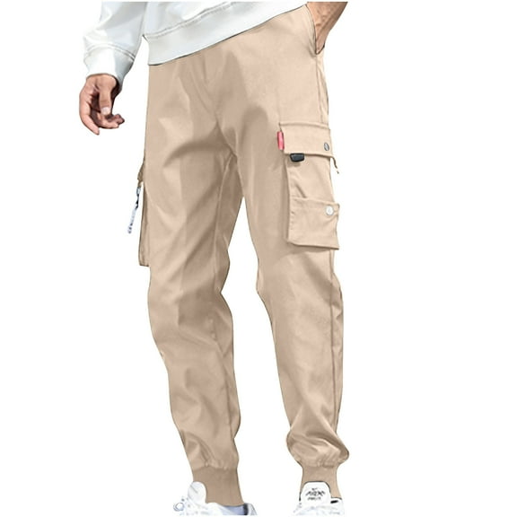 Mens Work Pants Solid Casual Pocket Outdoor Elastic Waistbelt Jogger Drawstring Trousers Work Pants Sweatpants for Men Khaki XL