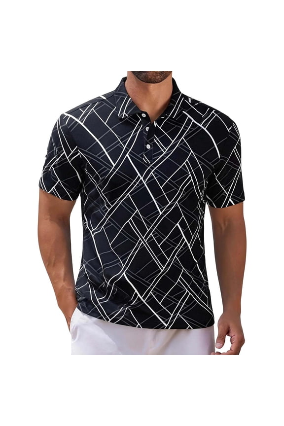 Mens Work Polo Shirts Print Short Sleeve Button Lapel Summer Casual Business Loose Shirt Black XXXL