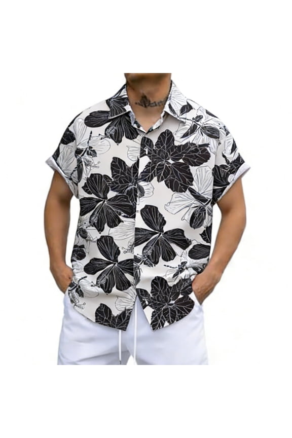 Mens Work Shirt Floral Print Short Sleeve Lightweight Button Down Mens Performance Polos,Black,2XL