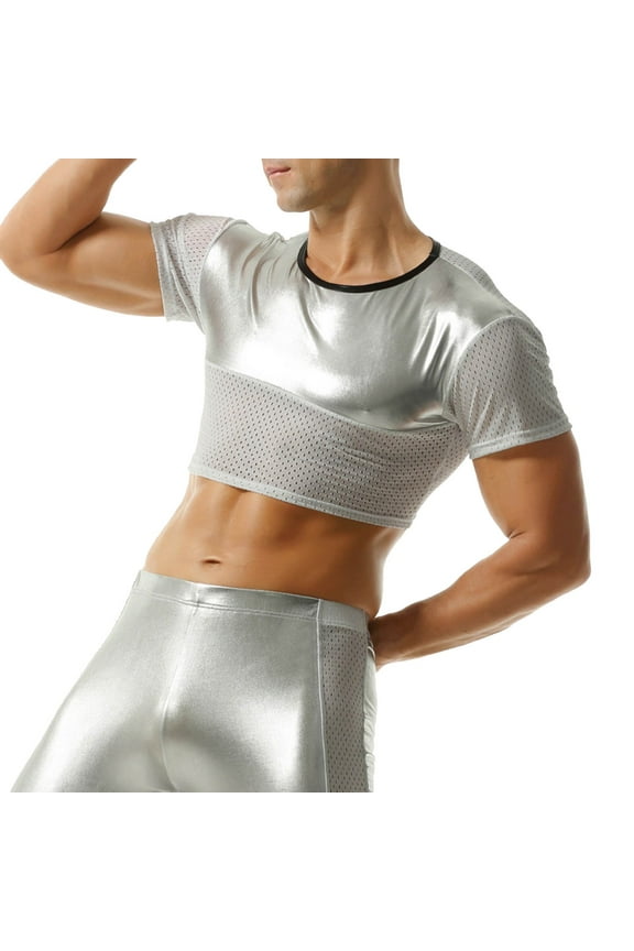 Mens Work Shirt Gold Stamped Small Short Sleeved Navel Mesh Valentines Day Gifts for Him,White,XL