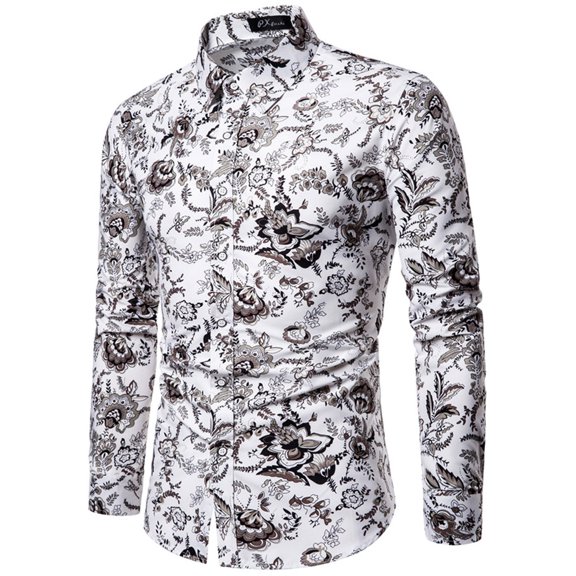 Mens Work Shirt Lapel Printed Long-Sleeved Printed Lapel Long-Sleeved Mens Graphic T-Shirts,White,M