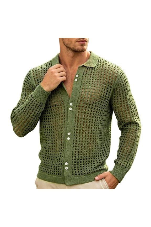 Mens Work Shirt Open See Through Long Sleeve Collar Beach Vacation Essentials,Green,2XL