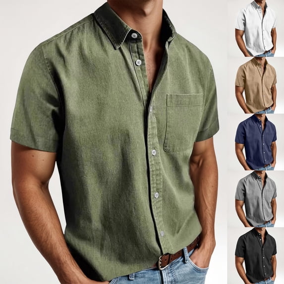 Mens Work Shirt Short Sleeve Relaxed Fit Classic Solid Color Button Down Mens Activities Shirt,Khaki,M