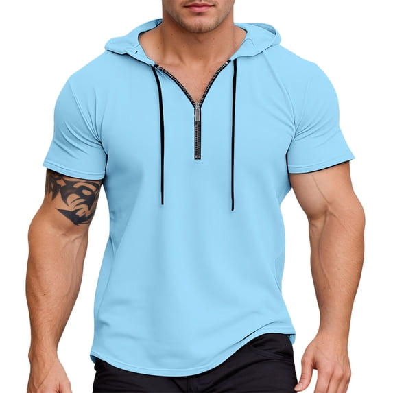 Mens Work Shirt Slim Fit Zip Up Hooded Pure Basic Home Hiking Beach Tops,Sky Blue,S