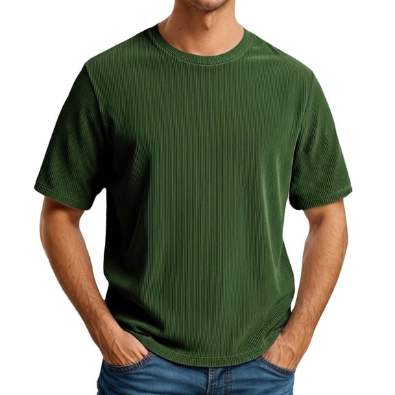 Mens Work Shirts Corduroy Crewneck Soft Textured Short Sleeve Comfort Mens Knit Tops,Dark Green,L