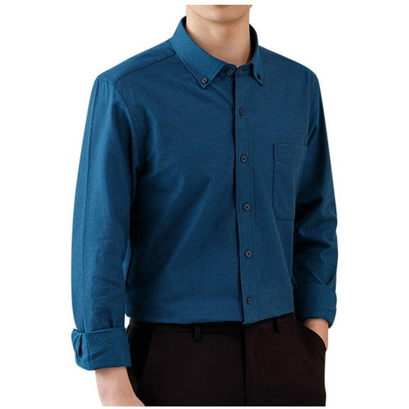 Mens Work Shirts Long Sleeve Solid Wrinkle-Resistant Soft Casual Button Up Dress Shirts Blue L