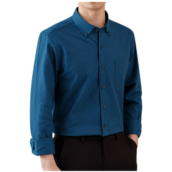 Mens Work Shirts Long Sleeve Solid Wrinkle-Resistant Soft Casual Button Up Dress Shirts Blue S