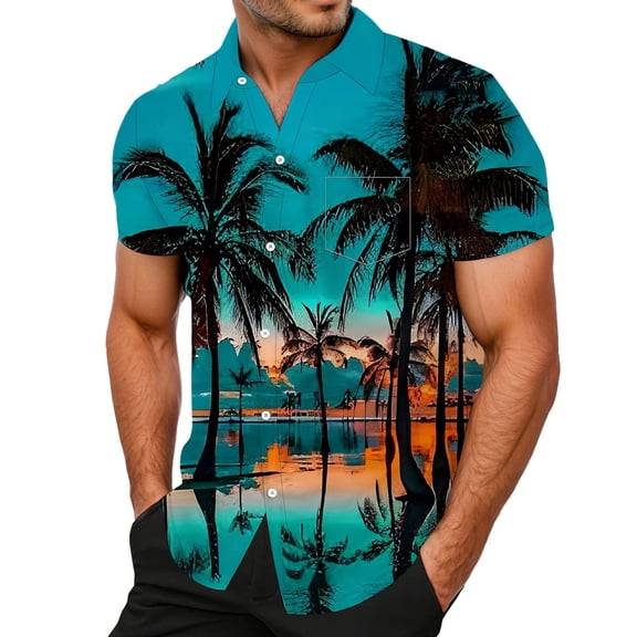 Mens Work Shirts Short Sleeve Tropical Print Button Down and Mens Knit Tops,Blue,4XL