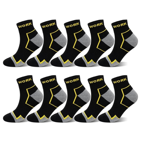 Mens Work Socks, AMITOFO Durable Boot Socks for Men, Breathable Cushioned Reinforced Toe & Heel Compression Arch Support Outdoor Workwear Ankle Socks, Black 10 Pack Size 13-15