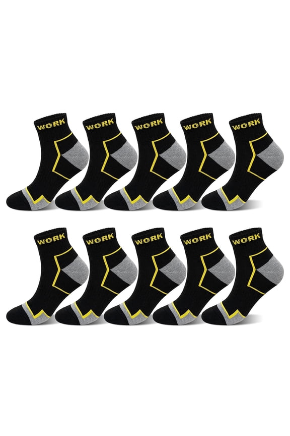 Mens Work Socks, AMITOFO Durable Boot Socks for Men, Breathable Cushioned Reinforced Toe & Heel Compression Arch Support Outdoor Workwear Ankle Socks, Black 10 Pack Size 13-15