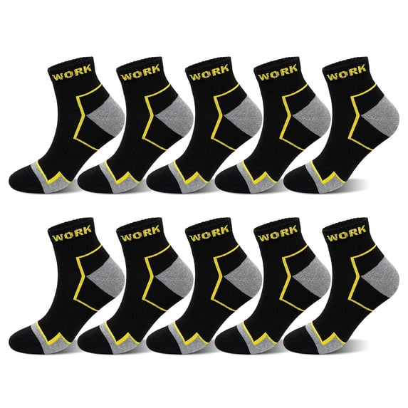 Mens Work Socks, AMITOFO Durable Boot Socks for Men, Breathable Cushioned Reinforced Toe & Heel Compression Arch Support Outdoor Workwear Ankle Socks, Black 10 Pack Size 13-15