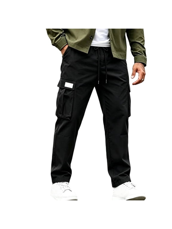 Mens Work Trousers Cargo Pants Stretchy Drawstring Waist Trouser Straight Fit Gym Tracksuit Bottoms Outdoor Camping Hiking Pant Loose Fit Jogger Multi Pockets Sweatpants