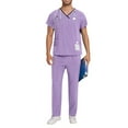 thumbnail image 1 of Mens Working Set Suits Solid Color V-neck Pocket Caregiver Short Sleeved Shirt Elastic Pants Nurse Uniform Sets Purple S, 1 of 6