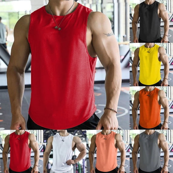 Mens Workout Mesh Tank Tops Quick Dry Sleeveless UPF 50+ Muscle Tee Cut off Shirts for Athletic Gym Running Swim Beach Training Big and Tall Size M-3XL Yellow