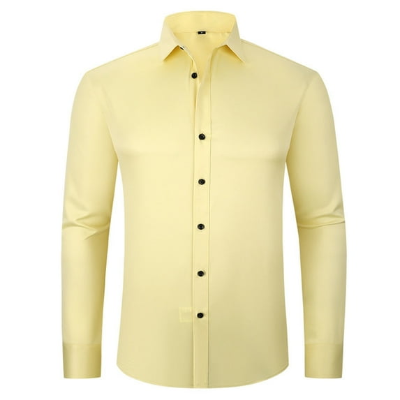 Mens Workout Shirts Dress Solid Long Sleeve Stretch Formal Business Button Down Mens Summer Clothing,Yellow,2XL